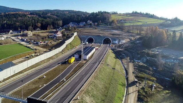 Newly opened tunnel on Zakopianka highway in Poland in November 2022. The tunnel is 2 over km long and makes travel from Krakow to Zakopane, Podhale region and Slovakia much faster. Old road above