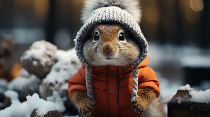 Obraz premium Chipmunks in a warm winter hat, outside