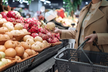 Young Asian woman shopping in supermarket, picking fresh organic vegetables and fruits