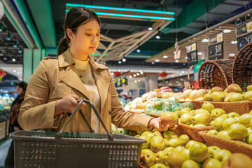 Young Asian woman shopping in supermarket, picking fresh organic vegetables and fruits
