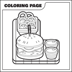 coloring page of burger with onion rings with chilli sauce and ketchup