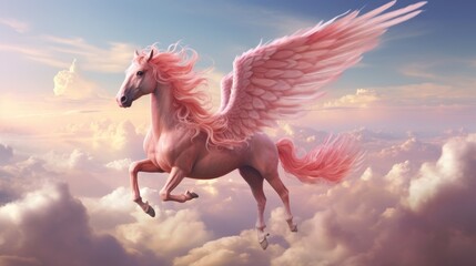 Obraz na płótnie Canvas Fantasy a pink pegasus flying sore wings in the dramatic clouds in the sky background. AI generated