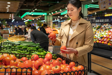 Young Asian woman shopping in supermarket, picking fresh organic vegetables and fruits