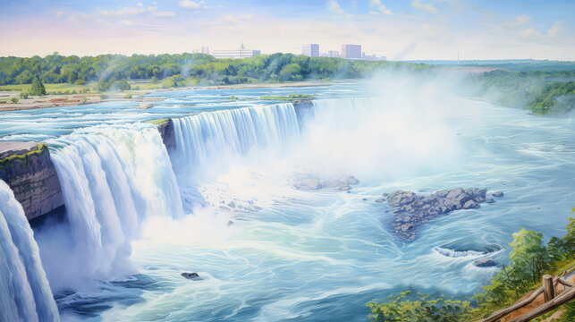 oil painting on canvas, Niagara falls between United States of America and Canada.