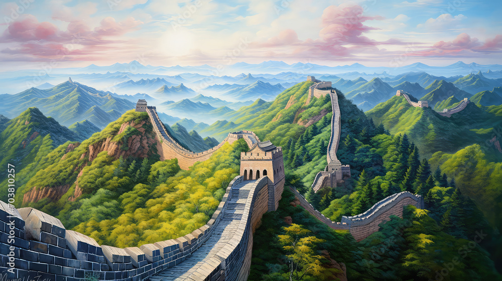 Wall mural oil painting on canvas, The Great Wall of China.