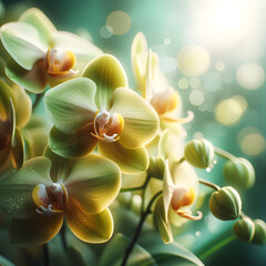 Close up of beautiful yellow green orchid phalaenopsis blooms in flower.