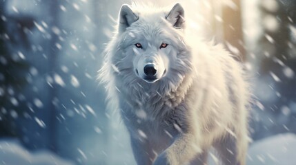 A white wolf walking alone in the snowfalls at winter time. AI generated image - obrazy, fototapety, plakaty