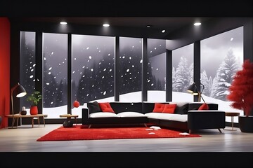 modern living room with red sofa And in background snowfall amazing background view