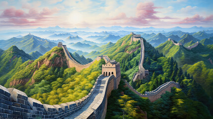oil painting on canvas, The Great Wall of China. - obrazy, fototapety, plakaty