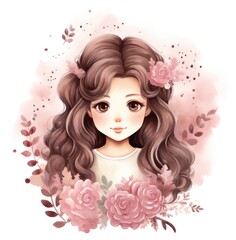 Romantic female illustration. Girl with big eyes. Generative AI