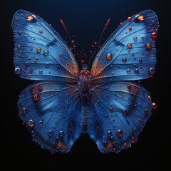 AI generated illustration of a dark-blue butterfly with small colored liquid drops on its wings - obrazy, fototapety, plakaty