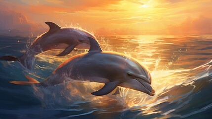 Dolphins dancing in sunlit waters: captivating marine life image for licensing