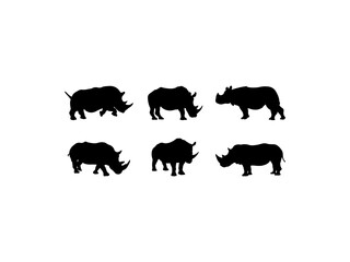 Set of Rhino Silhouette in various poses isolated on white background