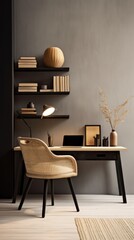Minimalist composition of warm workspace interior with black desk, rattan armchair, candels, notebook and personal accessories