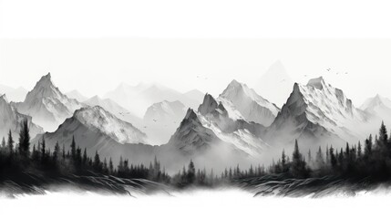 Panoramic view of a mountain range with peaks in monochrome.