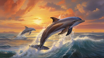 Dolphins dancing in sunlit waters: captivating marine life image for licensing