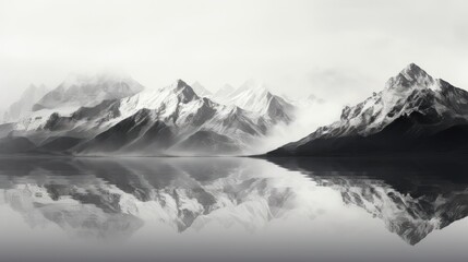 
A panoramic view of a mountain range featuring peaks, captured in a monochrome color scheme - obrazy, fototapety, plakaty