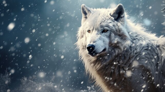 A white wolf walking alone in the snowfalls at winter time. AI generated image