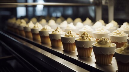 A conveyor for the production of vanilla ice cream in paper cups, a modern food processing plant that produces ice cream cones on a milk conveyor belt