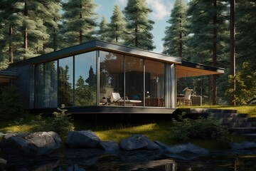 Modern glass house in the woods