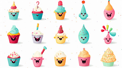 Cheerful Emoji Birthday Vector Set for Fun Celebrations and Festive Events - Joyful Illustrations of Cute Emoticons for Happy Parties and Anniversary Decorations