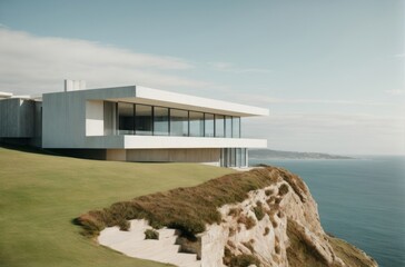Fototapeta premium beach hut on the coast, a house sitting on the edge of a cliff next to a body of water 