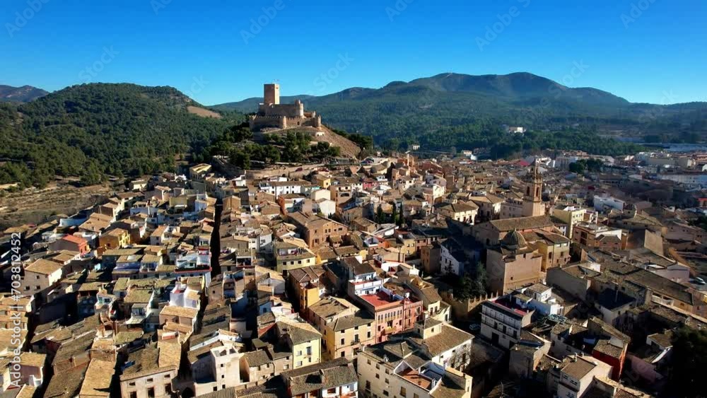 Sticker medieval town biar in spain and castle , sierra de mariola in the vinalopo valley in the province of