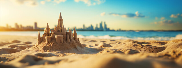 Obraz premium Grand intricate sandcastle on the beach during a summer day with a bluured city backdrop. Generative AI