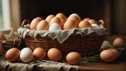 AI generated illustration of a basket filled with fresh, farm-collected eggs on a soft-lit table