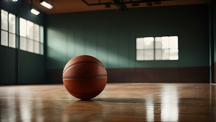 AI generated illustration of a basketball centered on a polished wood floor in a quiet indoor court - obrazy, fototapety, plakaty