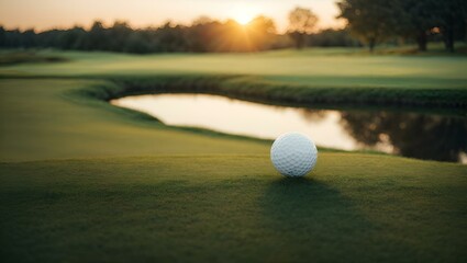 AI generated illustration of a golf ball poised on green field at sunrise