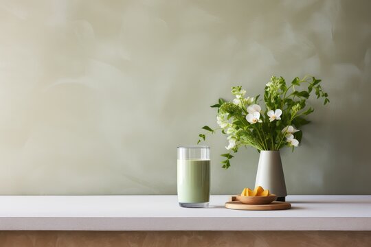moringa green smoothie in modern minimal kitchen with flowers in a vase, making healthy vitamin vegan drink with beautiful natural light
