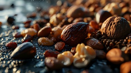 Obraz premium Mix of nuts and raisins on a dark background. Selective focus.