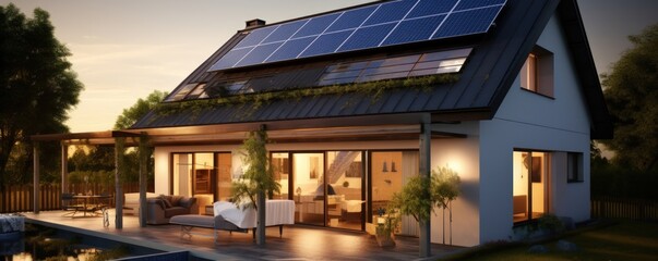
Photovoltaic solar panels installed on the roof of a house, harnessing renewable energy from the sun to generate electricity. - obrazy, fototapety, plakaty