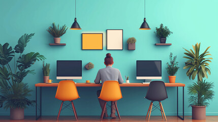 Fototapeta premium ffortless Elegance: A minimalist office space exuding simplicity and sophistication. Clean lines, neutral tones, and uncluttered surfaces create a serene environment, fostering focus and productivity 