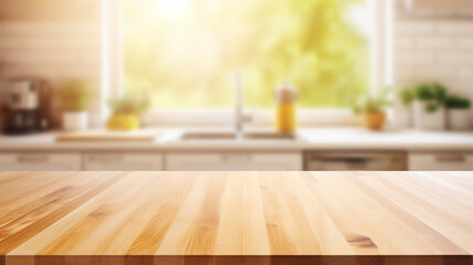 Fototapeta na wymiar Serene Modern Home Interior: Empty Wood Table Top with Beautiful Bokeh Background