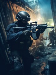 Fototapeta premium Special forces soldier in black uniform aiming gun in dark alley