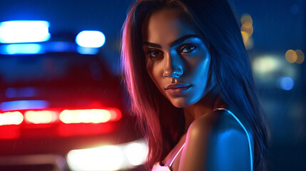 Pretty escort girl sex worker nighttime street portrait in flashing lights of police car, embodying nocturnal mystique in urban night embrace, police apprehend prostitute embodying law enforcement