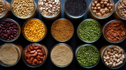 Top view of containers filled with a variety of grains and legumes.