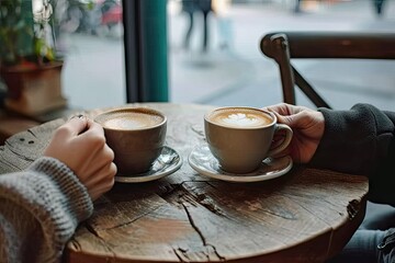 Morning bliss. Perfectly poured cappuccino in stylish mug resting on wooden cafe table capturing essence of cozy breakfast or refreshing coffee break with delightful aroma and creamy artistic foam