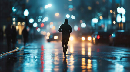 man running on the city at night. Generative Ai - obrazy, fototapety, plakaty
