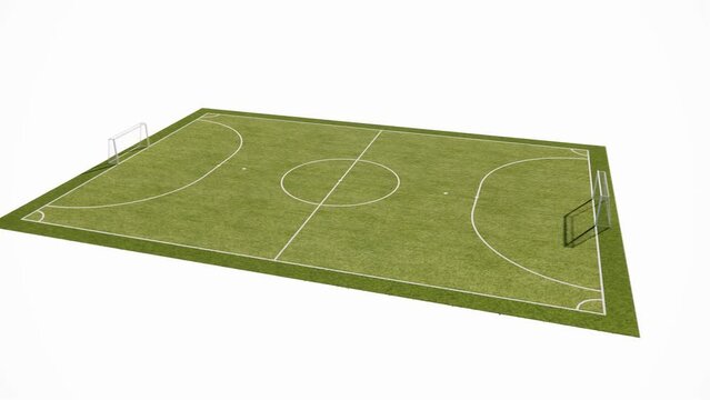 visualization of a mini soccer, mini football, futsal court with green artificial turf. realistic video rendering with a white background