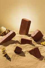 Sidewalk stones. Paving slabs sidewalk in desert sand on yellow background. Concept for advertising and design. Minimal creative composition.