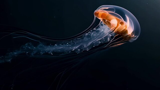 Graceful orange jellyfish with long tentacles floating against a dark marine background, showcasing underwater life and serenity