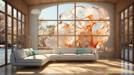 Modern living room interior with large window and abstract sculpture