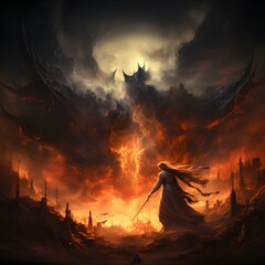 An angel battling a demon in a fiery landscape