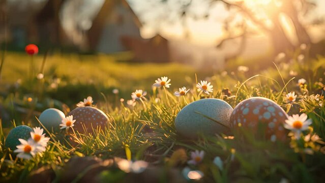 Easter eggs nestled in grass with daisies and a house in the background during golden hour, reflecting the warmth and joy of the Easter holiday