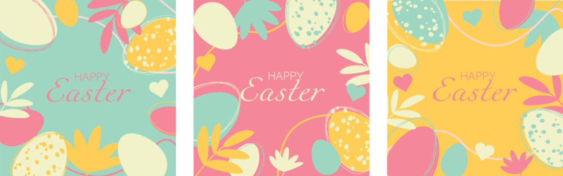 easter card with eggs with flowers set . flat minimalistic illustration modern style square postcards, poster, ad. pink, green, gold colors 