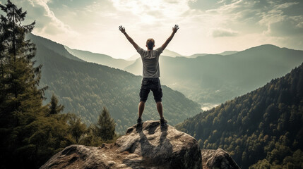 Successful hiker celebrating success on the cliff - Life style concept with young male climbing in the forest pathway - obrazy, fototapety, plakaty