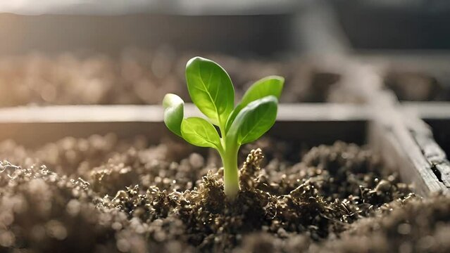 A young green plant sprouts from the soil, symbolizing growth and new beginnings, potentially for themes such as Earth Day or environmental conservation